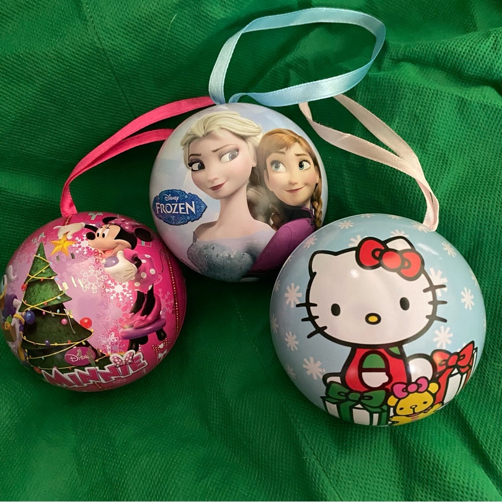 Disney Holiday Ornament Set of 3 Frozen Minnie Mouse Hello Kitty Pink Blue Green